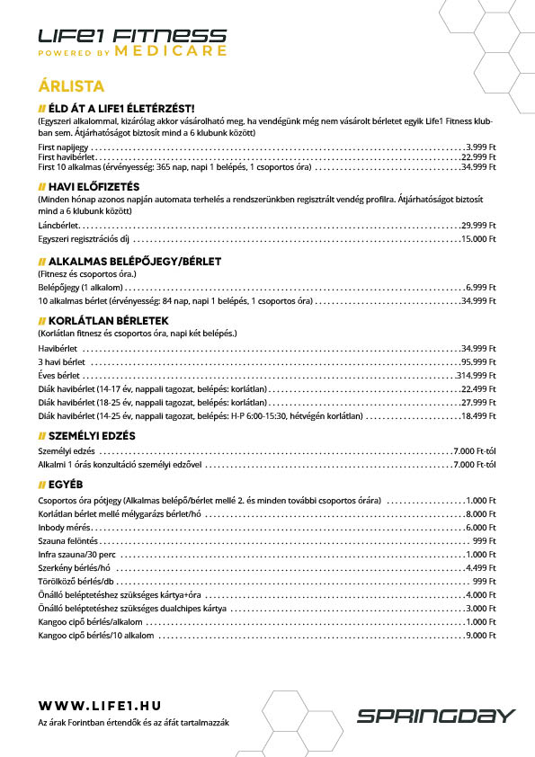 L1 Springday kézi árlista HU